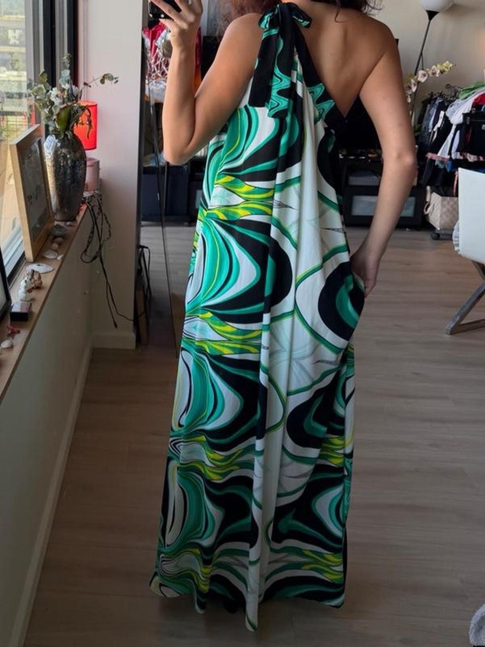 One-Shoulder Maxi Dress in Green Swirl Print - Picture 3 of 6